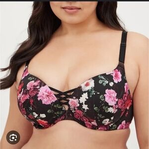 Torrid XO Plunge Push-Up Bra black and pink floral print 38 DDD NWT 360°